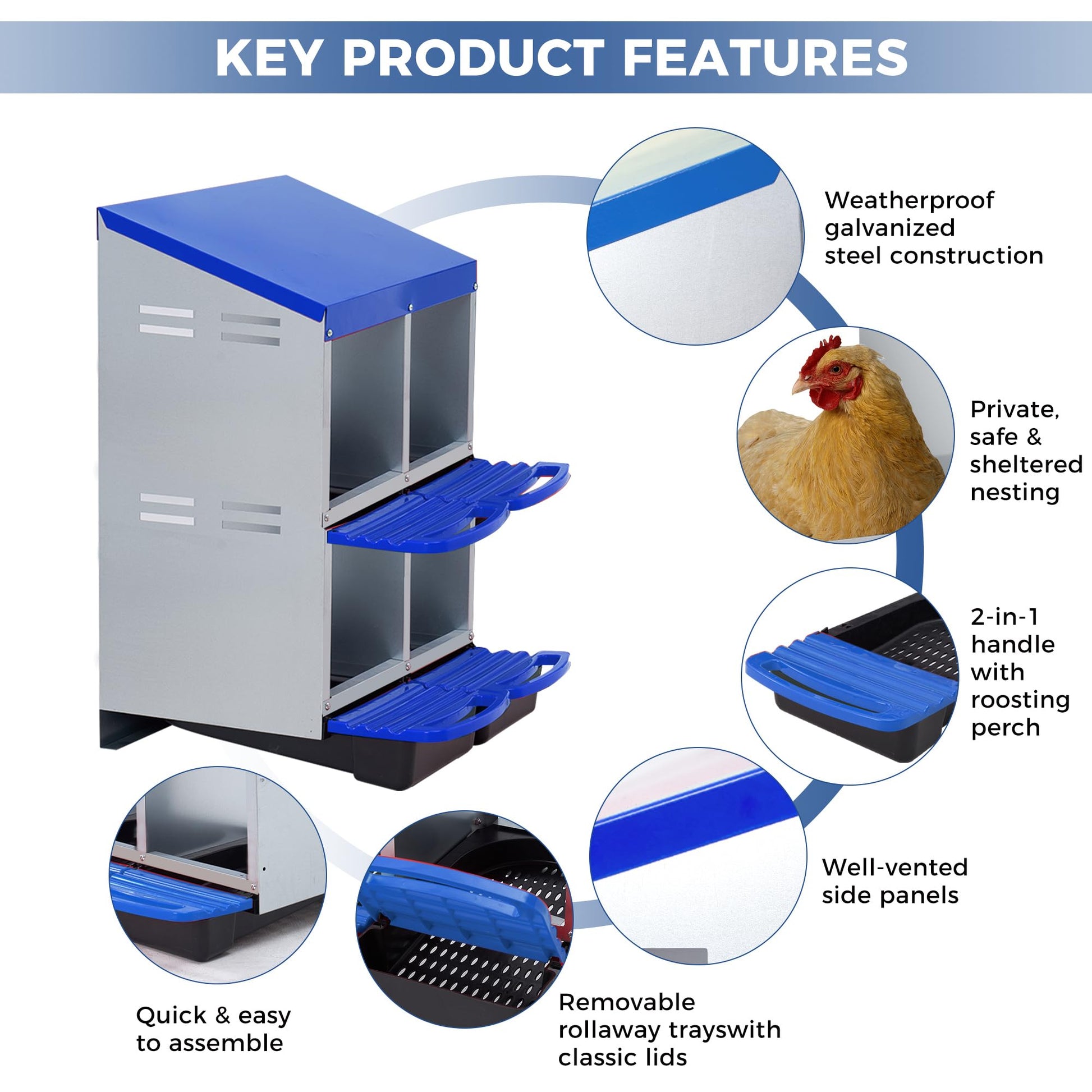 Nido per galline Garvee a 3 fori, in metallo, antiruggine, con vassoio estraibile, per cortile e giardino, comodo e robusto