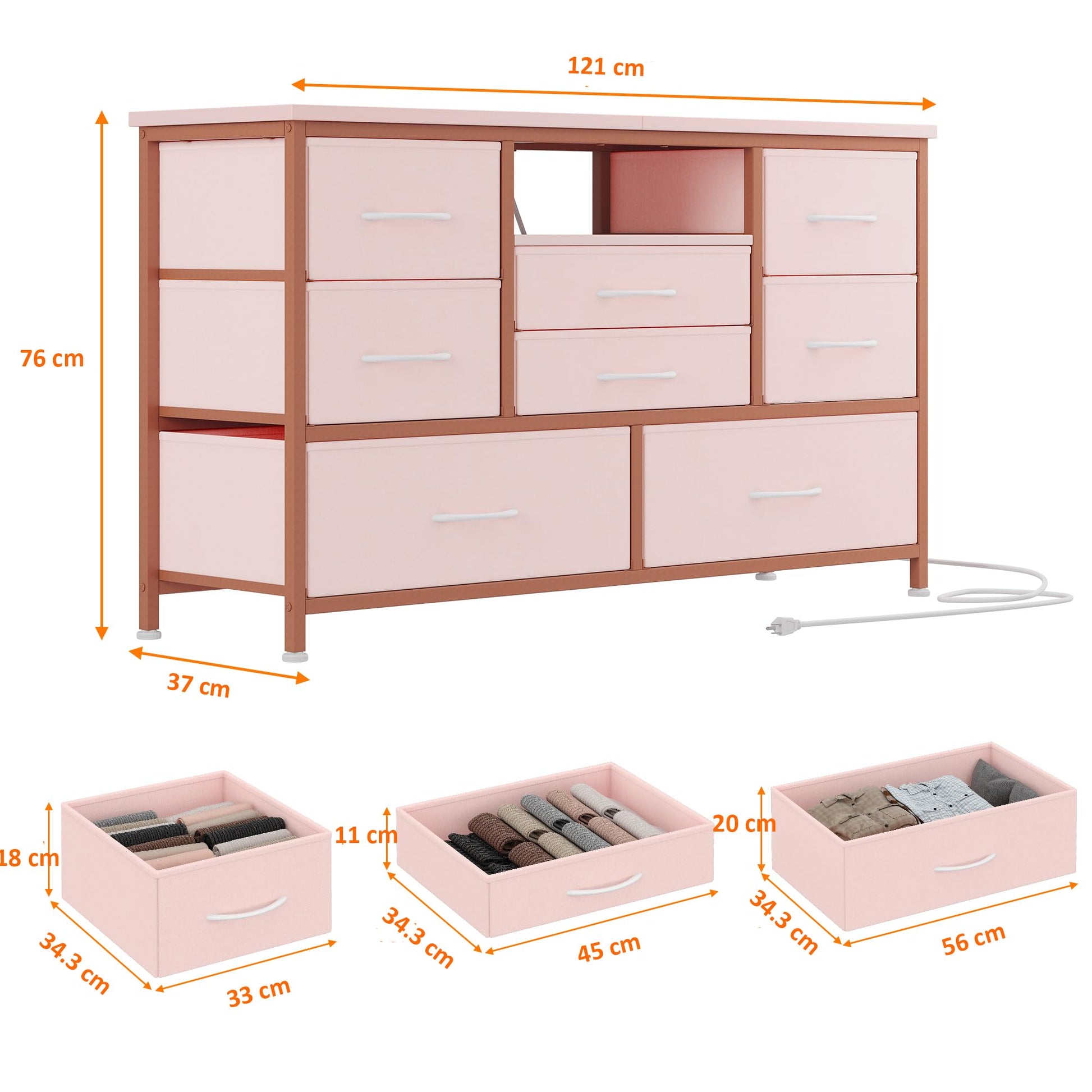 Cassettiera GARVEE con 8 cassetti, mobile TV con luce LED, 3 prese e 2 porte USB, cassettiera per soggiorno, corridoio, camera da letto, robusta struttura in metallo, piano in legno