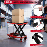 Tavolo elevatore Garvee da 28,5 pollici, manuale, in acciaio, idraulico, capacità di sollevamento di 500 libbre, 4 ruote, per carichi pesanti in garage, officina e industria con altezza regolabile