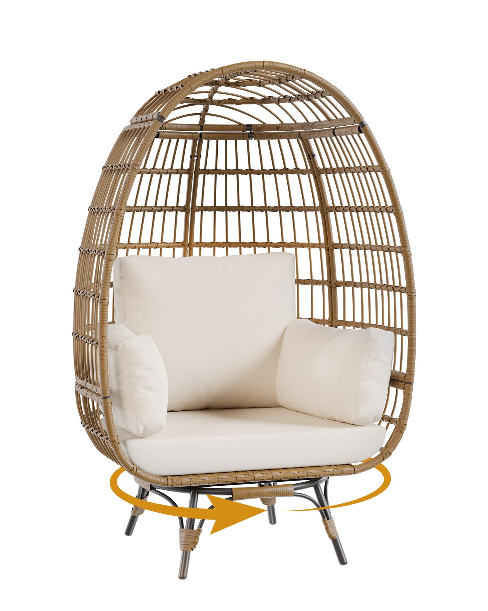 Sedia a uovo in rattan Garvee Oversize, girevole a 360°, con struttura in acciaio e 4 cuscini, per uso interno ed esterno, beige