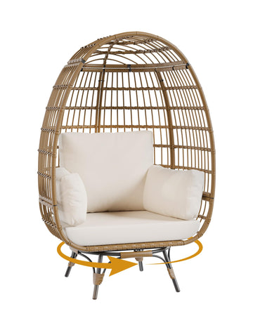 Sedia a uovo in rattan Garvee Oversize, girevole a 360°, con struttura in acciaio e 4 cuscini, per uso interno ed esterno, beige
