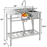 Lavello Commerciale Indipendente Garvee Fatturabile, 2 Vasche + Scolapiatti, Acciaio Inox, Rubinetto Girevole 360°, 105.6 x 51.0 x 37.0 cm , Argento per Ristoranti e Garage