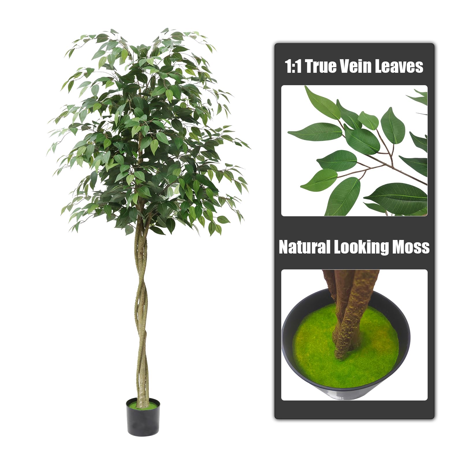 Albero di ficus artificiale Garvee da 7 piedi con tronco e foglie realistici, base in cemento, per uso interno ed esterno, verde