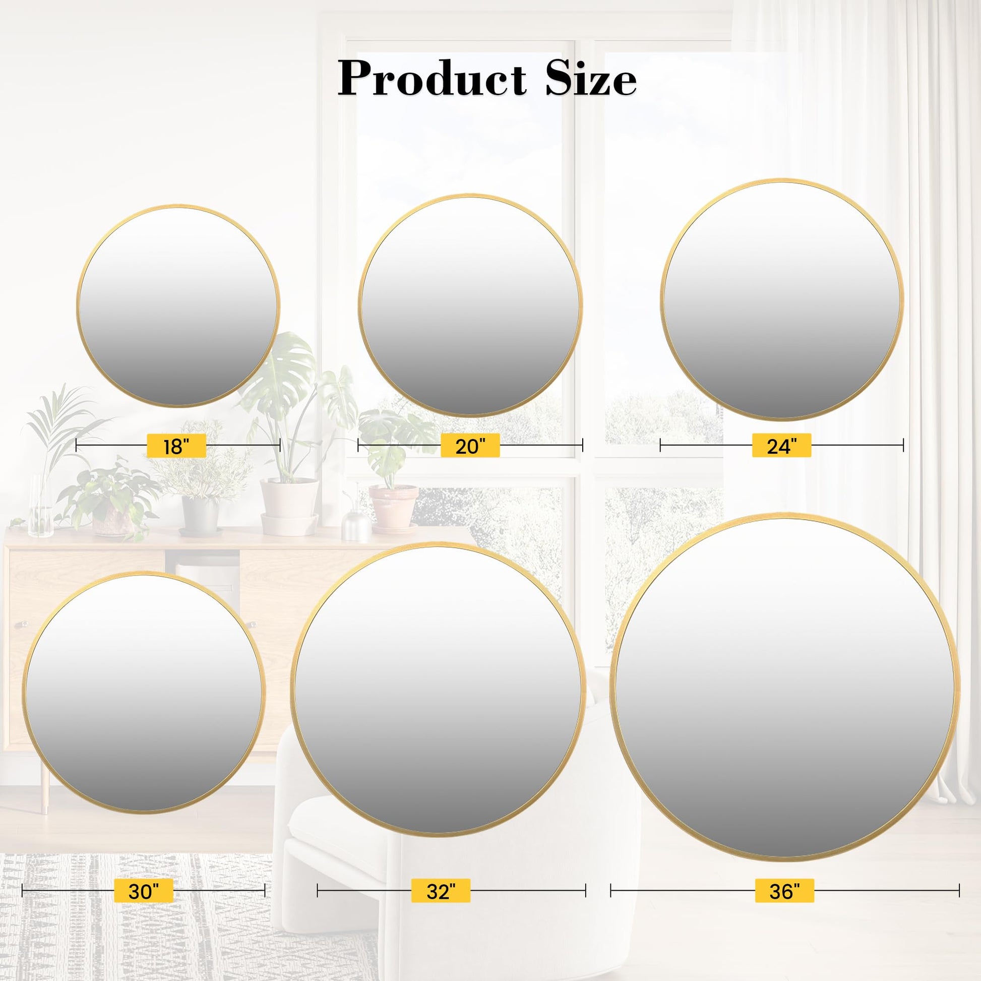 Specchio da parete rotondo Garvee da 36" color oro, cornice in metallo color oro opaco, per bagno e soggiorno, cerchio grande, vetro HD ecologico
