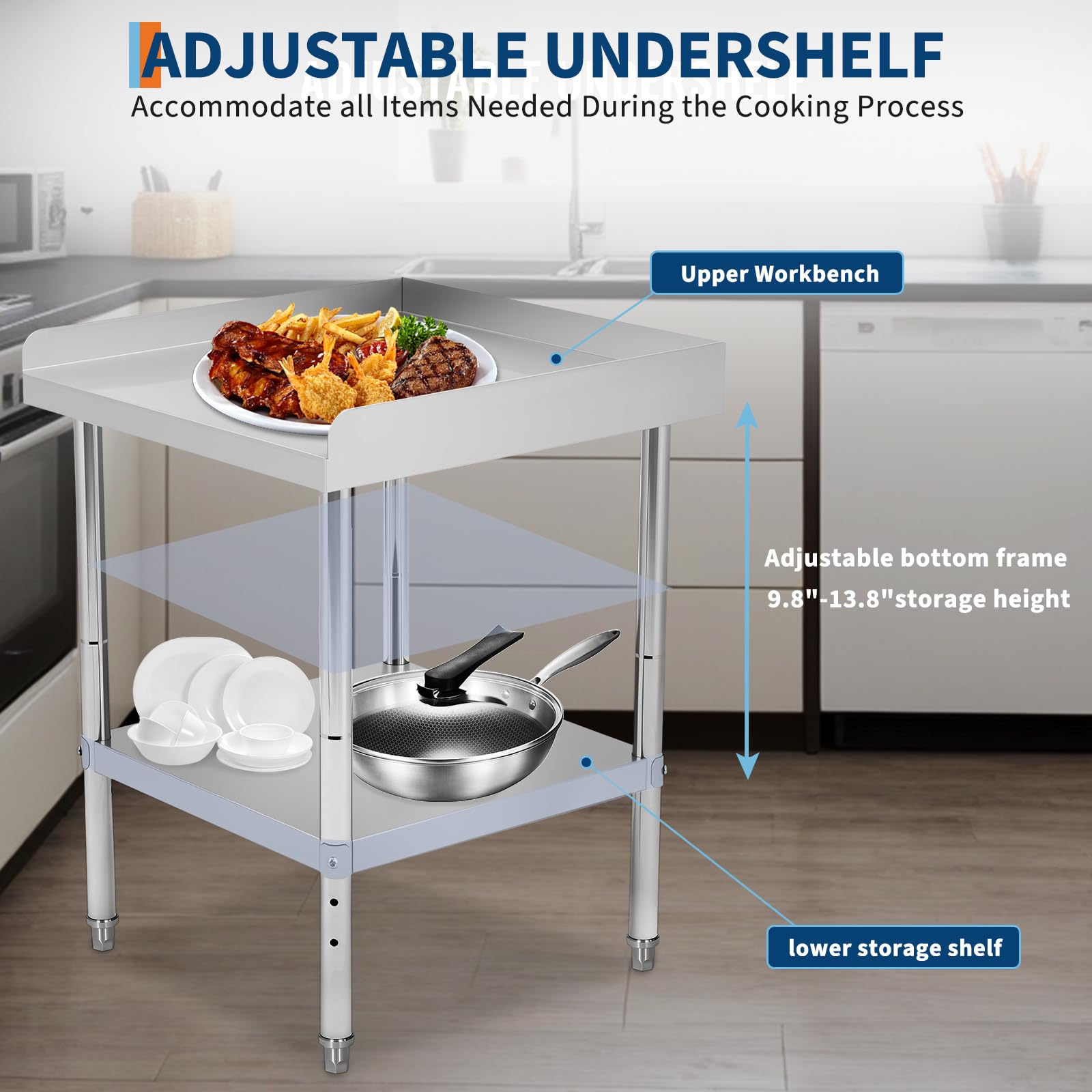 Tavolo da barbecue in acciaio inossidabile Garvee, altezza regolabile, 12x24x30 pollici, capacità di carico di 400 libbre, certificato NSF, per uso commerciale e domestico, struttura robusta, Argento