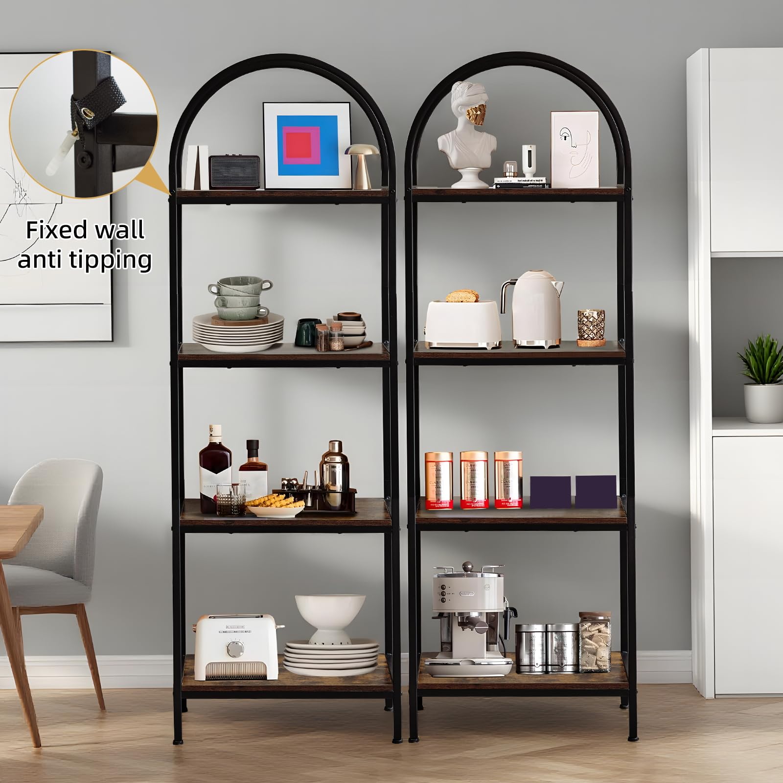 Libreria ad arco Garvee a 4 ripiani con struttura in metallo, design moderno, effetto legno, per soggiorno e ufficio, resistente ai graffi, stabile