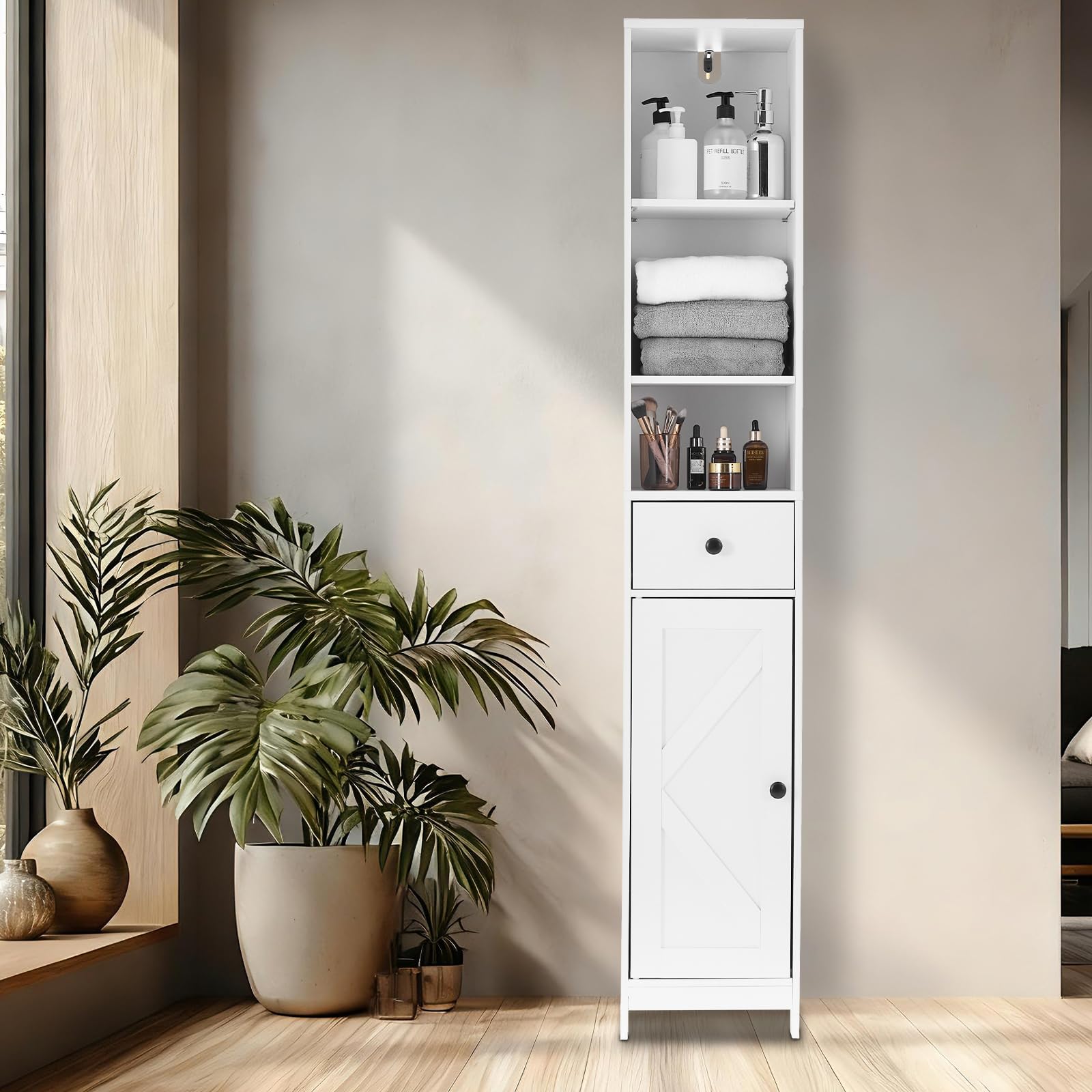 Mobiletto da bagno alto Garvee da 170 cm con ante scorrevoli, 3 ripiani, legno, nero, versatile per bagno e corridoio, sottile