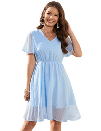 Garvee Abito estivo elegante da donna, lunghezza al ginocchio, con motivo a pois svizzeri, linea ad A, manica corta, scollo a V, azzurro chiaro da spiaggia, taglia L