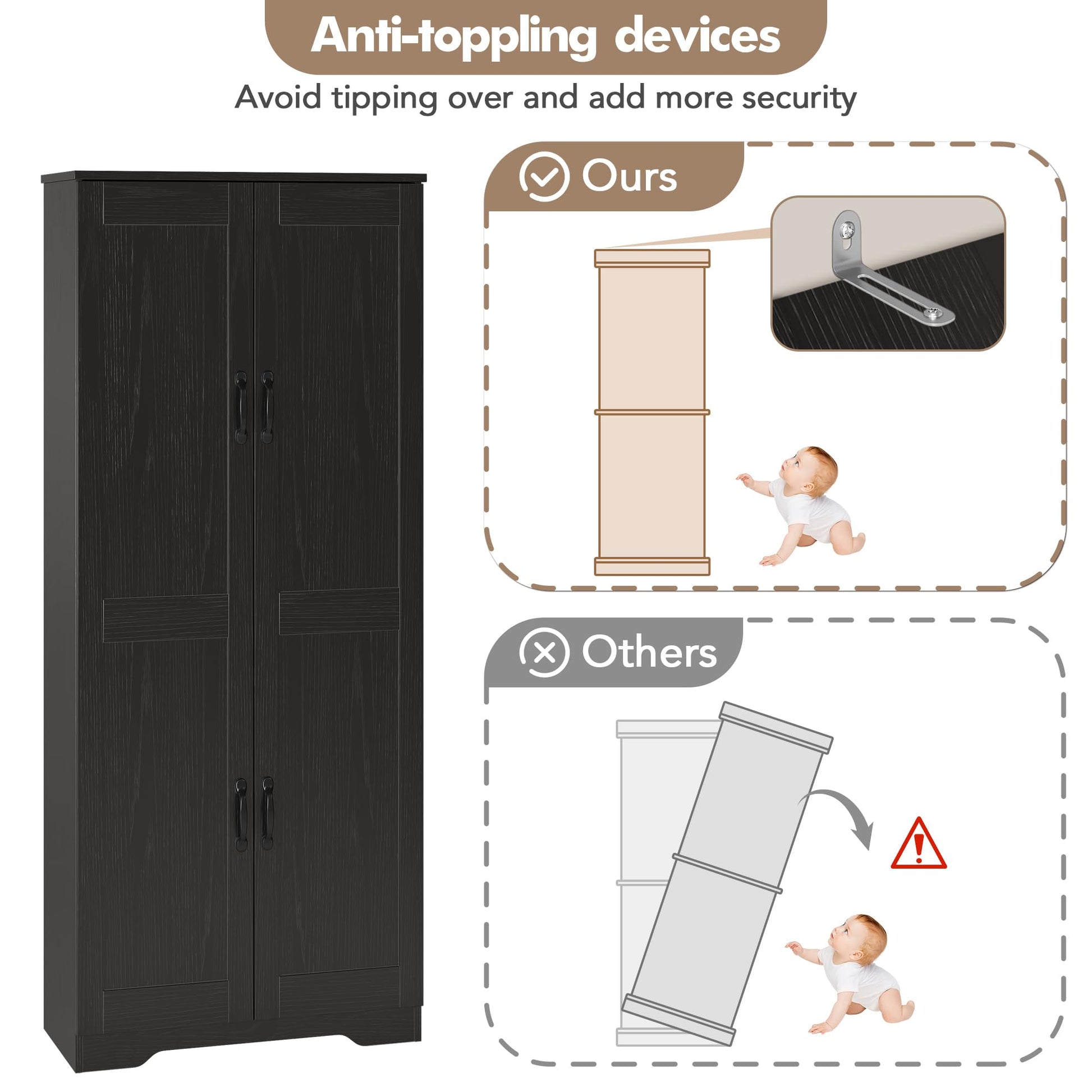 Mobile dispensa alto Garvee da 152.4 cm con 2 ante, ripiani regolabili, legno P2, maniglie in metallo, nero, per cucina e bagno, indipendente, 59.9 cm L x 30.2 cm P x 152.4 cm A