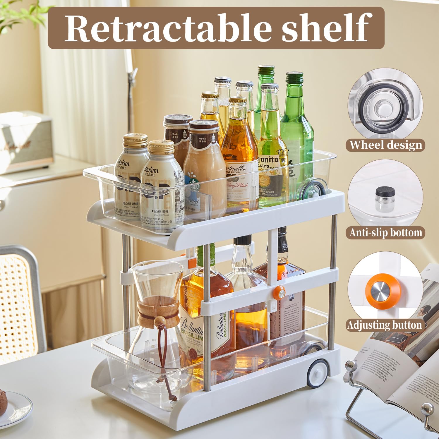 Ripiani scorrevoli Garvee, cestini estensibili a 2 livelli, cucina e bagno, dimensioni regolabili, materiale ABS