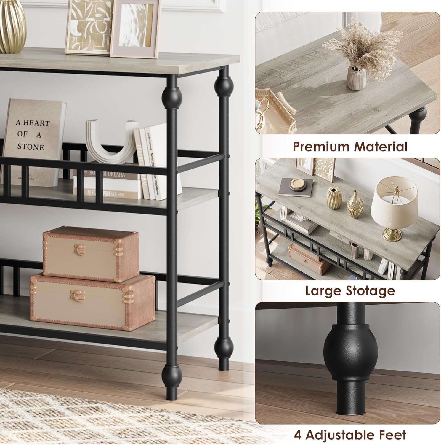 Garvee Tavolo Consolle 43" 3 Ripiani Vintage Design Robusto Metallo Legno MDF Regolabile Ingresso Corridoio Naturale