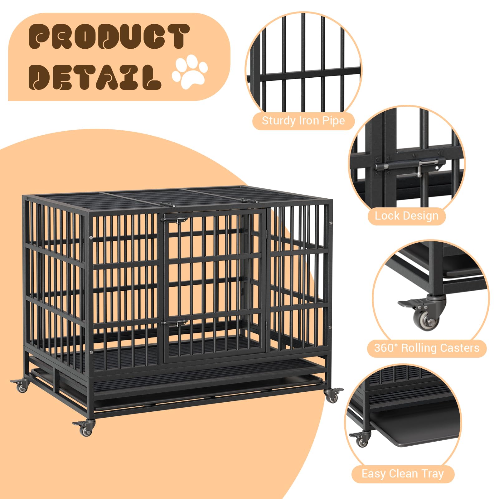 Garvee Heavy Duty Dog Crate da 42,5 pollici con doppie porte, ruote girevoli a 360°, metallo, vassoio rimovibile, pieghevole, per cani di piccola e grande taglia, per interni