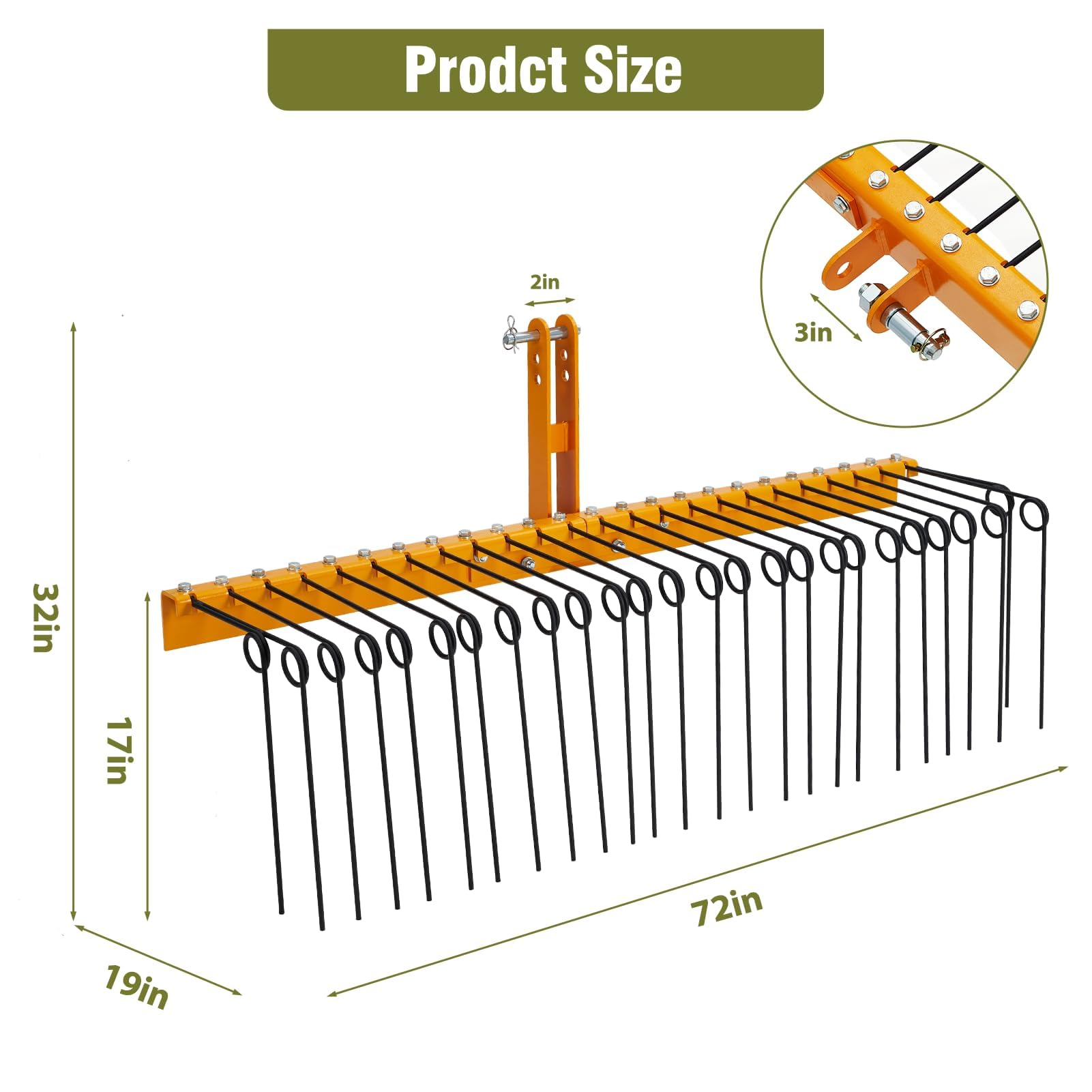 Rastrello da Giardino Garvee 72" 30 Denti Acciaio Elastico Giallo - Perfetto per Festa del Papà, Trattori Cat 0/1, Manutenzione Prato