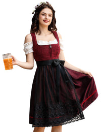Garvee - Set da 3 pezzi in Dirndl tradizionale midi da donna per Oktoberfest, Carnevale e Martedì Grasso, rosso, taglia 42
