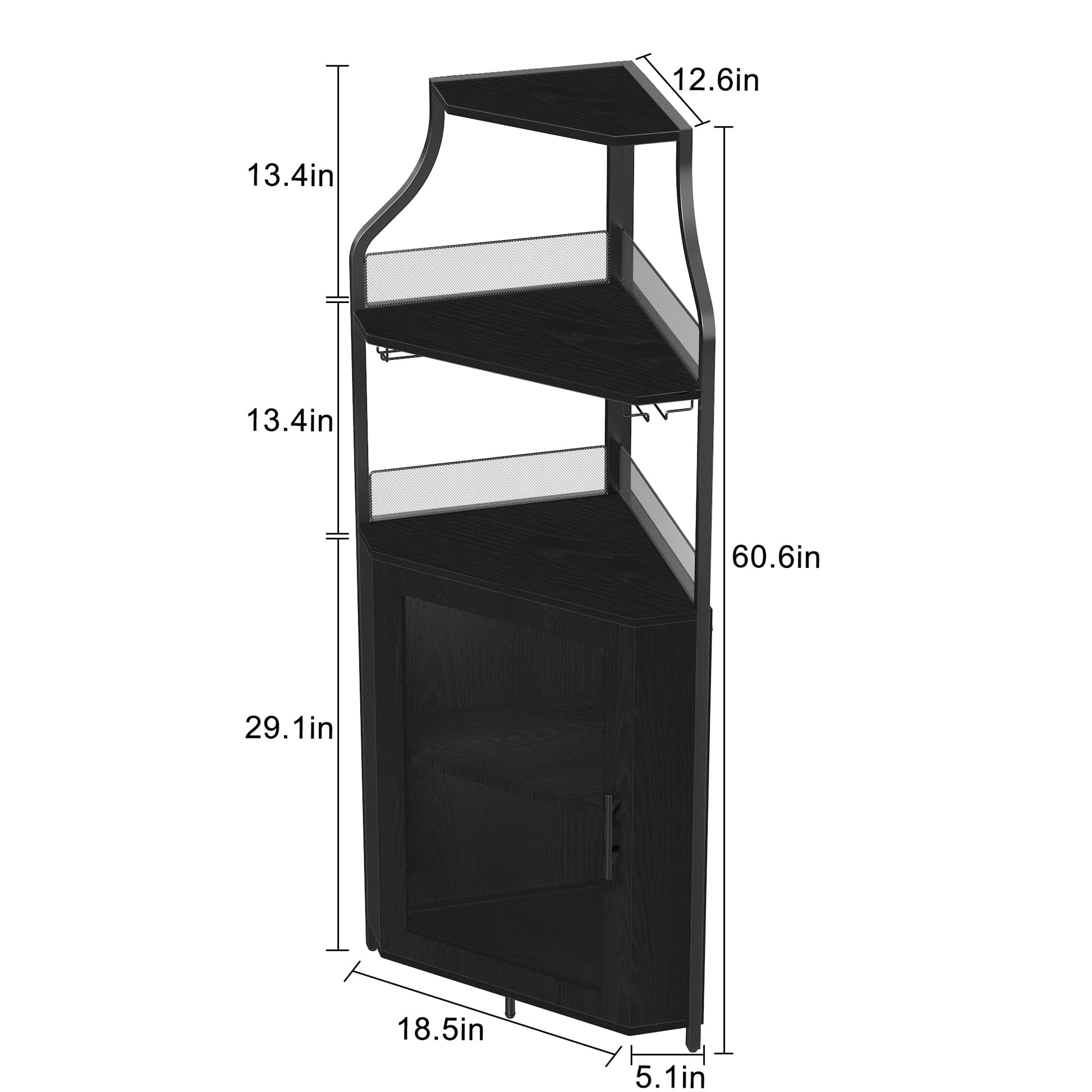 Mobiletto angolare portaoggetti Garvee, 5 ripiani con portabicchieri, ripiani regolabili, struttura in metallo, MDF, porta a battente, nero, per soggiorno e cucina, 47,2 x 45,7 x 152,4 cm