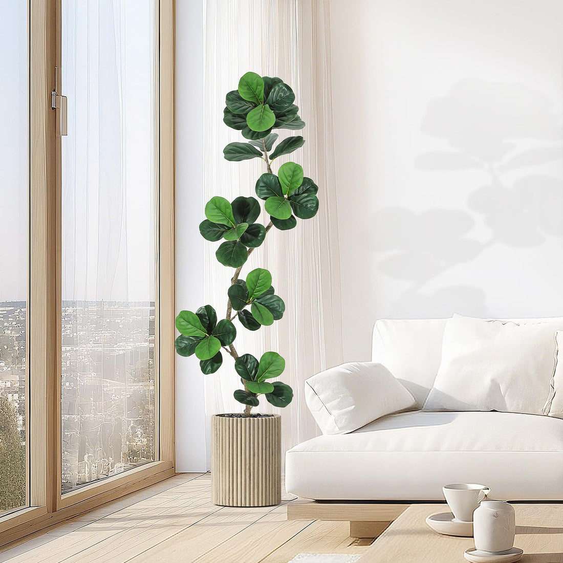 Albero di fico artificiale Garvee da 6 piedi con vaso bianco per soggiorno e ufficio, rami regolabili, resistente alle intemperie, foglie realistiche, decorazione in muschio