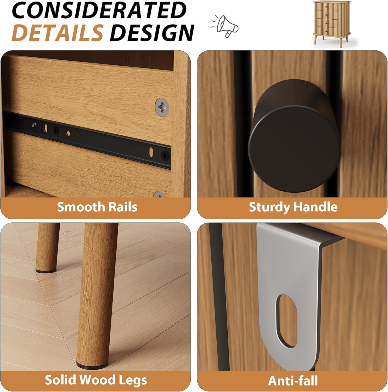 Cassettiera Garvee a 4 cassetti, stile moderno di metà secolo con anta scorrevole, per camera da letto e soggiorno, effetto bambù MDF, ampio spazio di archiviazione, resistente