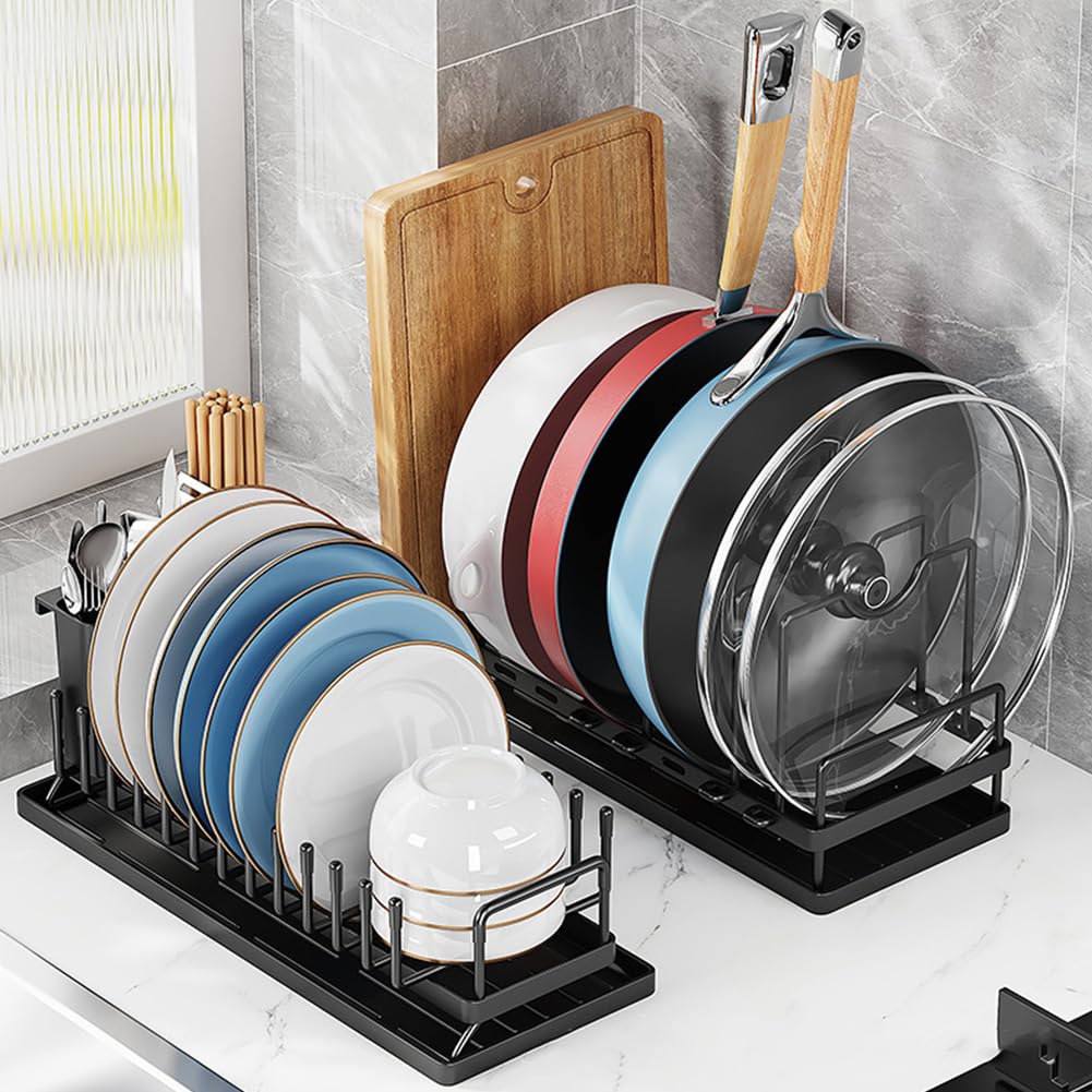 Garvee Set di 2 scolapiatti multifunzionali in acciaio al carbonio - Salvaspazio e regolabile - Acciaio inossidabile - Per lavello da cucina - Nero