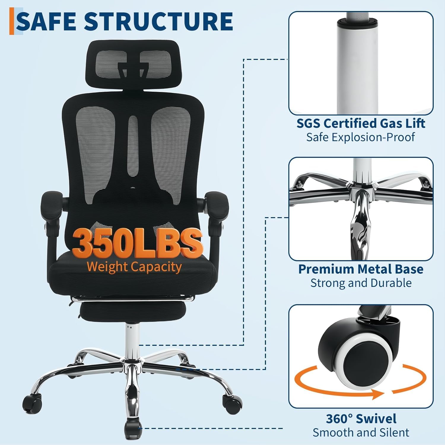 Sedia da ufficio ergonomica Garvee con poggiatesta regolabile, supporto lombare, poggiapiedi per ufficio domestico e gaming, altezza regolabile, rete traspirante, nero