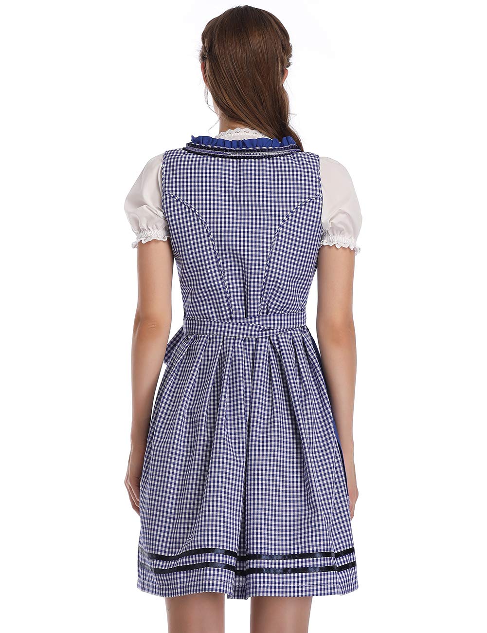 Garvee Costume tradizionale Dirndl Oktoberfest da donna, 3 pezzi, unico, gonna midi, abito, camicetta, grembiule, a quadri, blu, taglia M