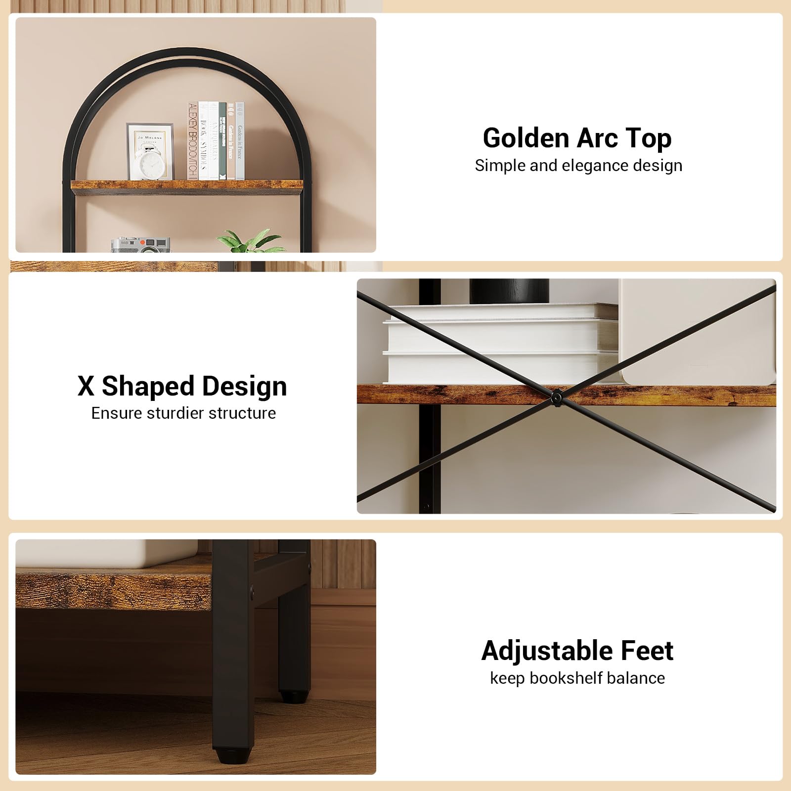 Libreria Garvee a 5 ripiani con struttura in metallo arcuato, moderno scaffale in legno, ampio spazio di archiviazione per soggiorno e ufficio