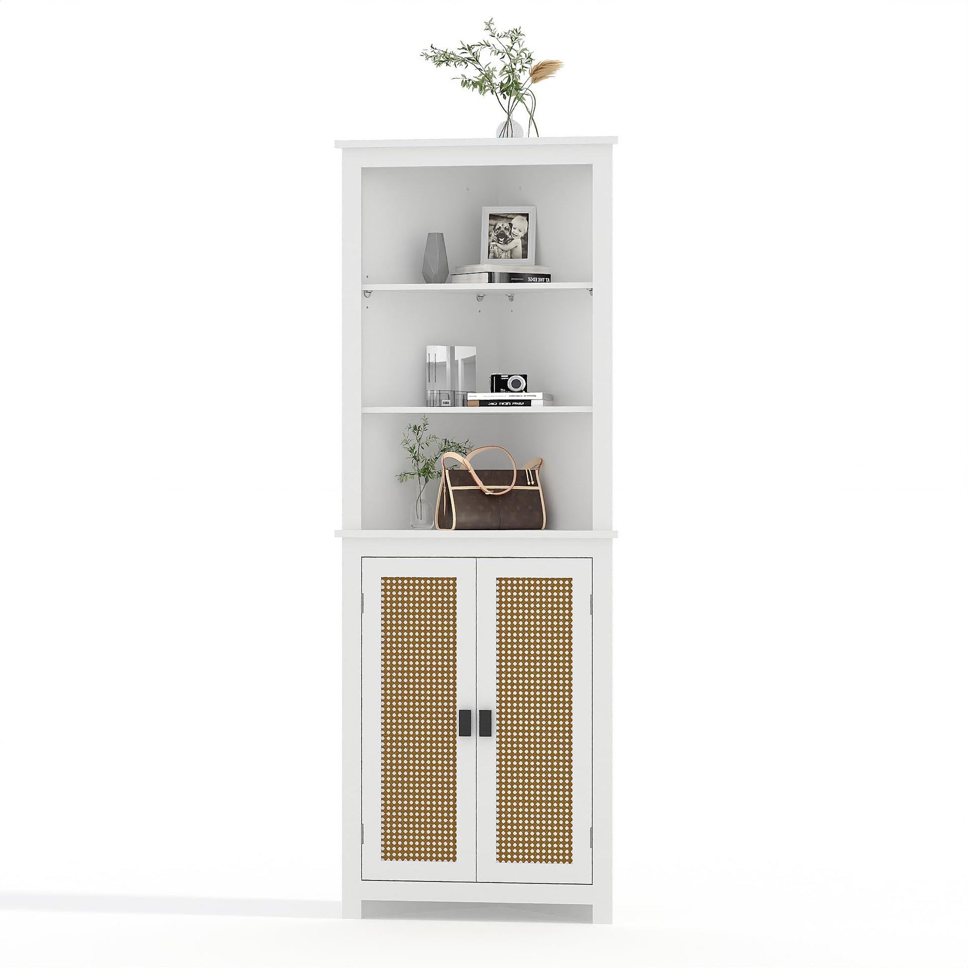 Mobiletto angolare Garvee Farmhouse da 64" di altezza con 6 ripiani e 2 ante a battente, ripiano regolabile, bianco, per soggiorno e bagno, legno, resistente all'umidità, antiribaltamento