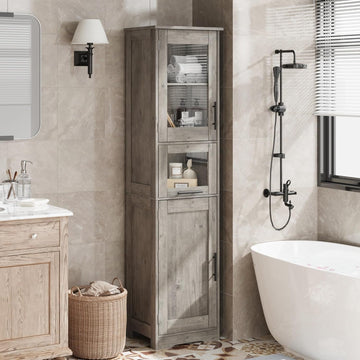 Mobile da bagno alto e stretto Garvee con ripiano regolabile per piccoli spazi, 170 cm, MDF, design moderno, ante con vetro, bianco