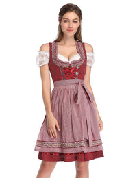 Abito Dirndl da donna Garvee Bavaria Oktoberfest, set da 3 pezzi, camicetta e grembiule, grembiule bavarese a maniche corte, abito da cameriera Oktoberfest, bordeaux a pois, taglia M