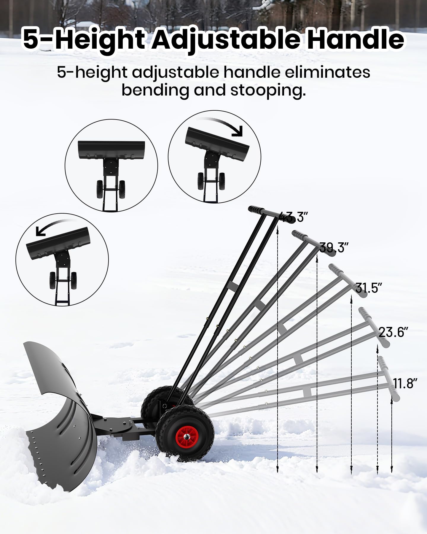 Pala da neve Garvee con ruote, lama in acciaio da 29", regolabile in 7 posizioni, impugnatura ergonomica, base in plastica, ruote in gomma da 9,3", ideale per vialetti