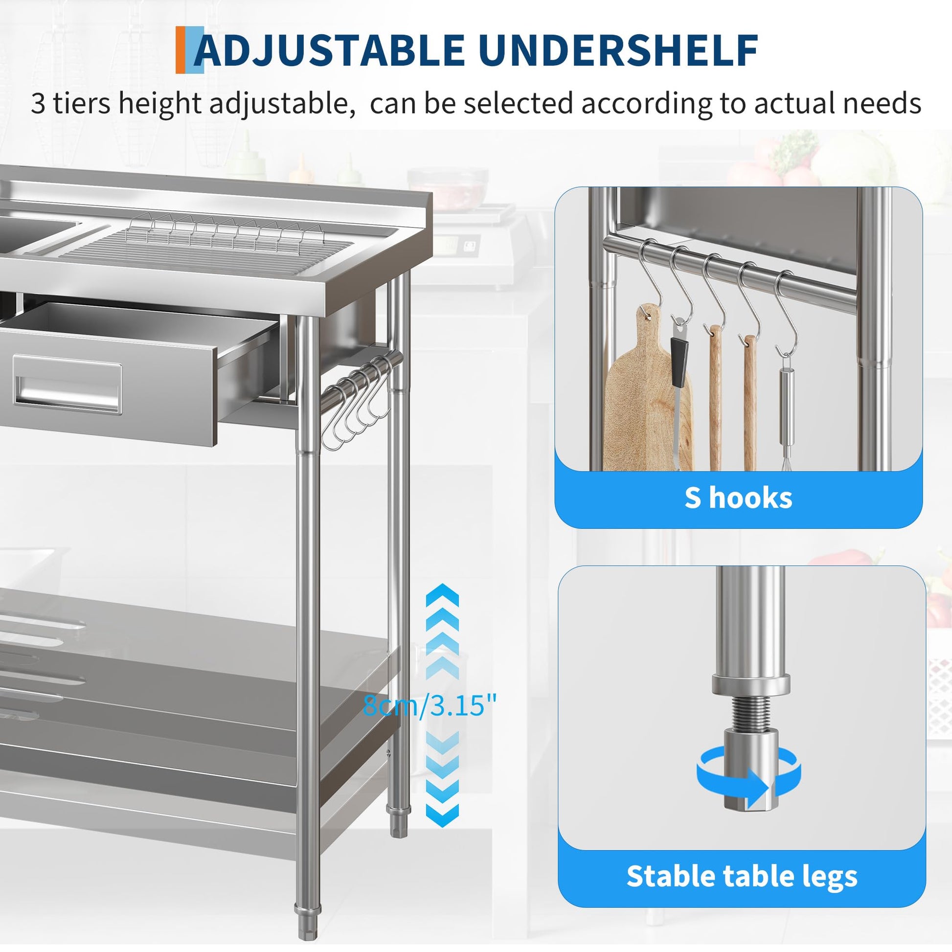 Lavabo Garvee in acciaio inox con rubinetto acqua calda/fredda, vasca singola, cassetto per lavanderia e garage, indipendente, argento
