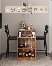 Set tavolo da bar Garvee da 3 pezzi con funzione pieghevole, spazio di archiviazione, acciaio e legno, cuscini ergonomici, marrone, per cucine piccole