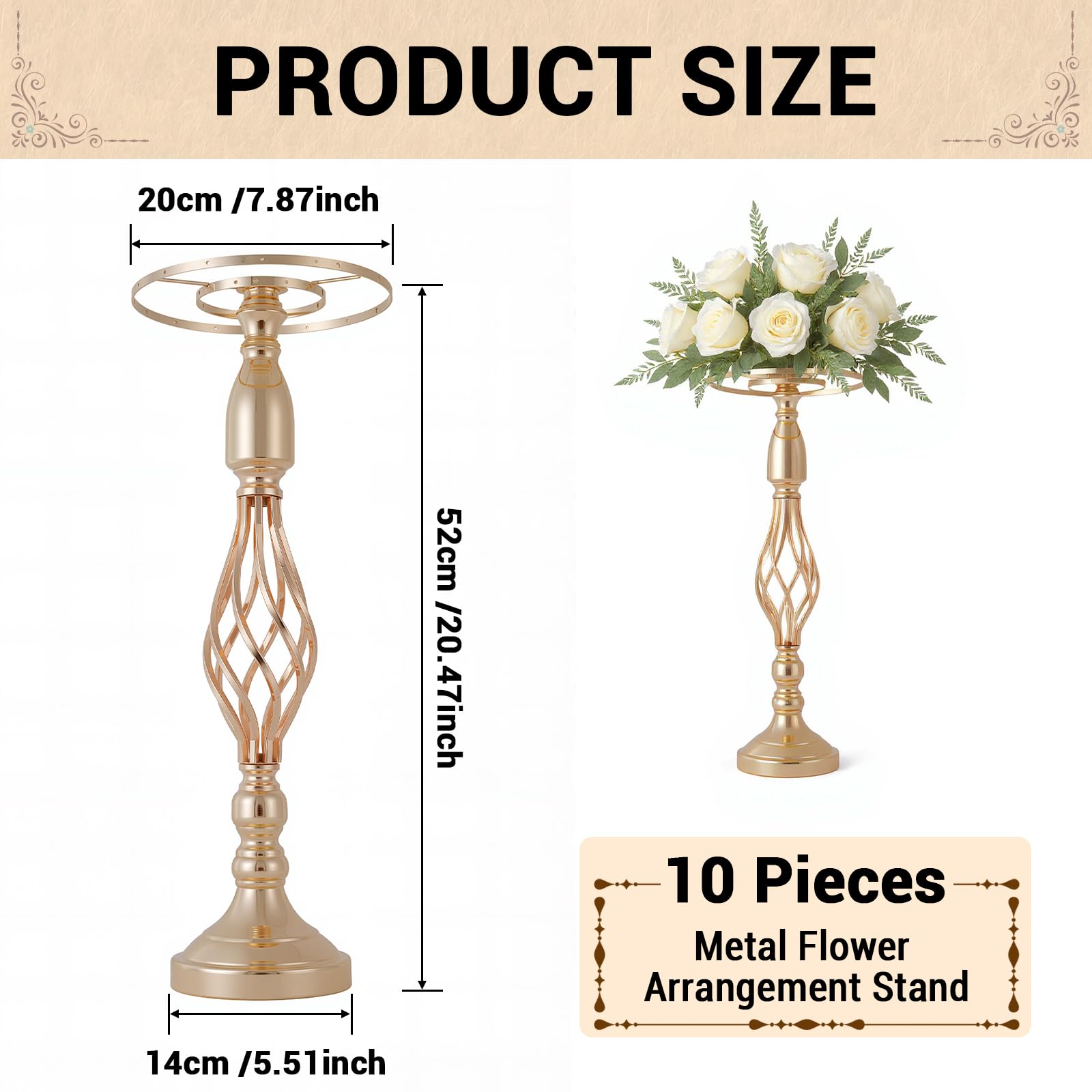 Portafiori in metallo Garvee, set da 10, decorazione per tavolo da matrimonio, eleganti design rotanti, metallo e cristallo, antiruggine, per feste e casa, 52 cm, argento