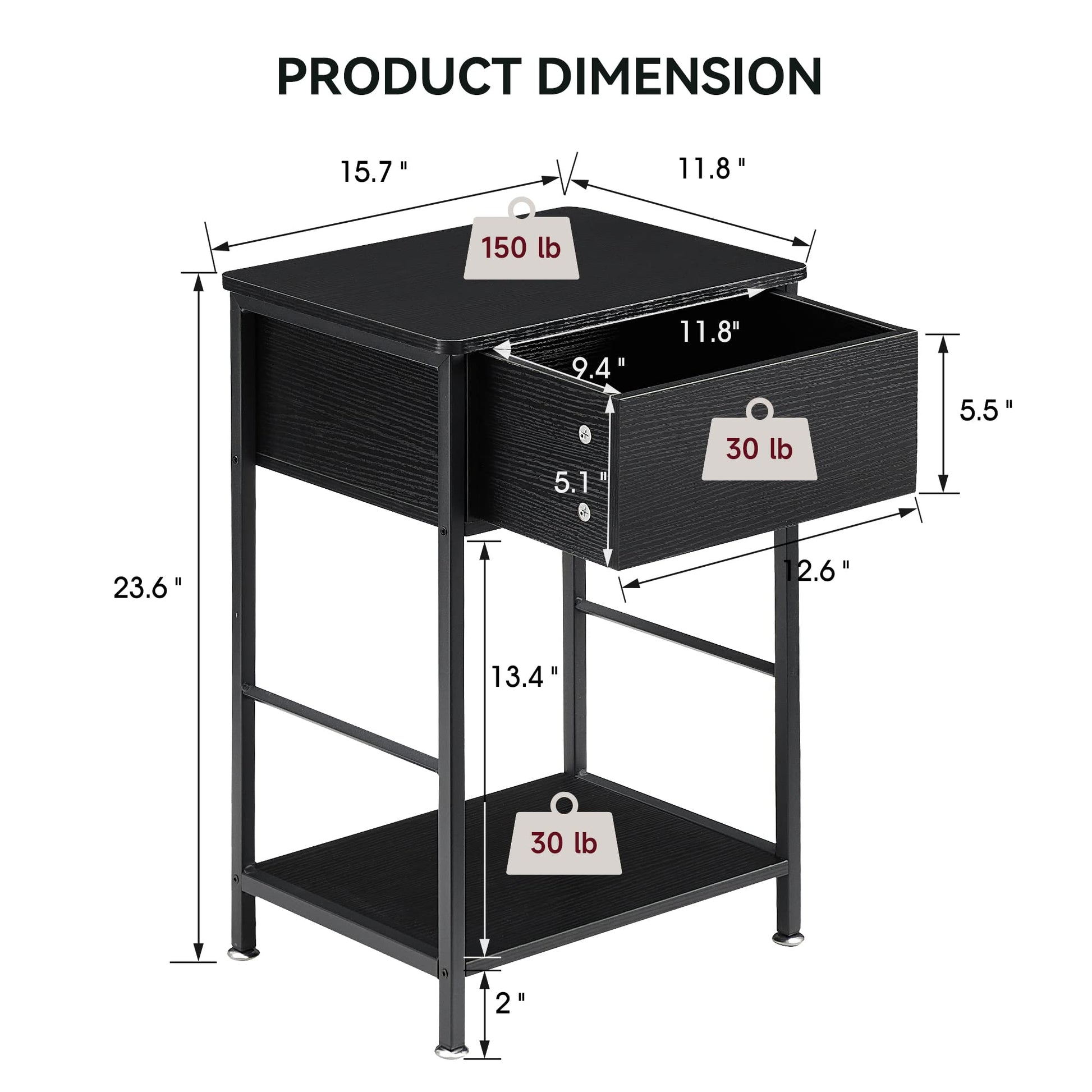 Comodino Garvee con cassetto e ripiano, tavolino laterale in legno, nero, camera da letto e soggiorno, rotondo, resistente