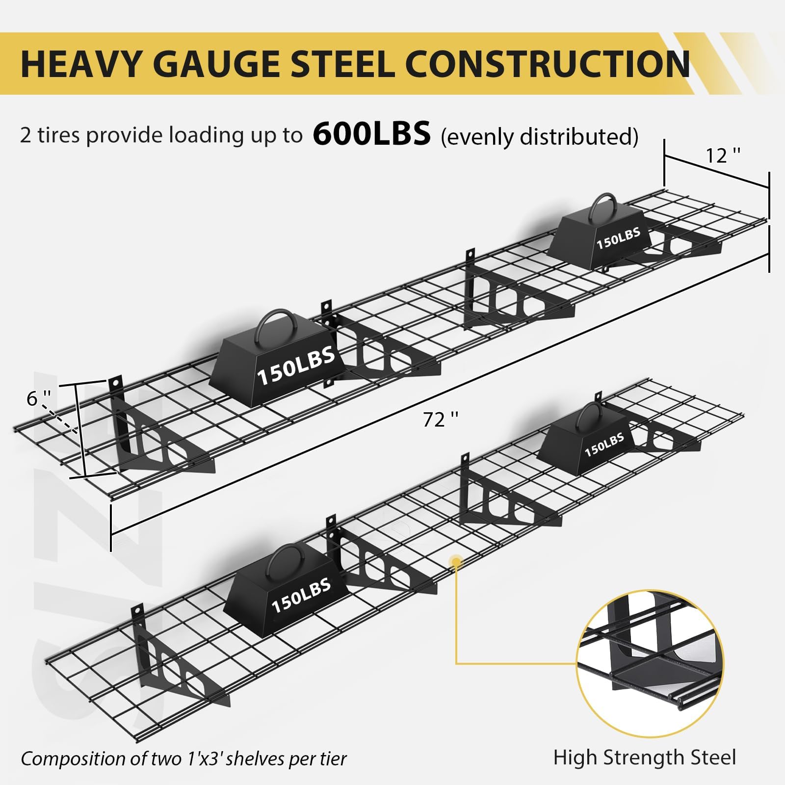 Mensola da parete Garvee da 2 pezzi, 1x6 piedi, in acciaio verniciato a polvere con ganci per officina e magazzino, 72"x12"x6", nera, capacità di carico di 600 libbre