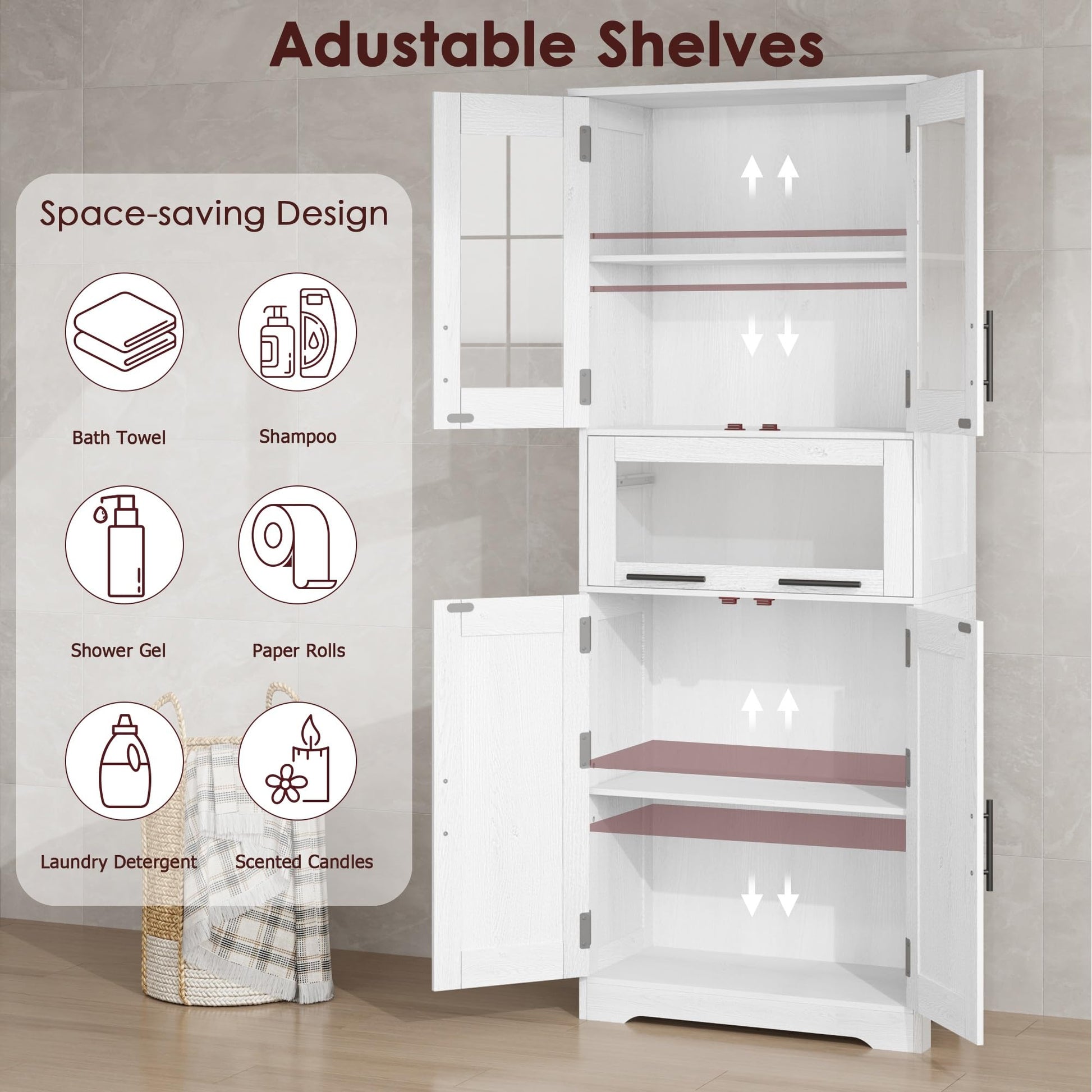 Mobiletto alto per bagno GARVEE 170cm - Mobiletto per bagno con 5 ante e ripiano regolabile, mobili per bagno con 5 scomparti, mobiletto alto per bagno, soggiorno, cucina, sala da pranzo