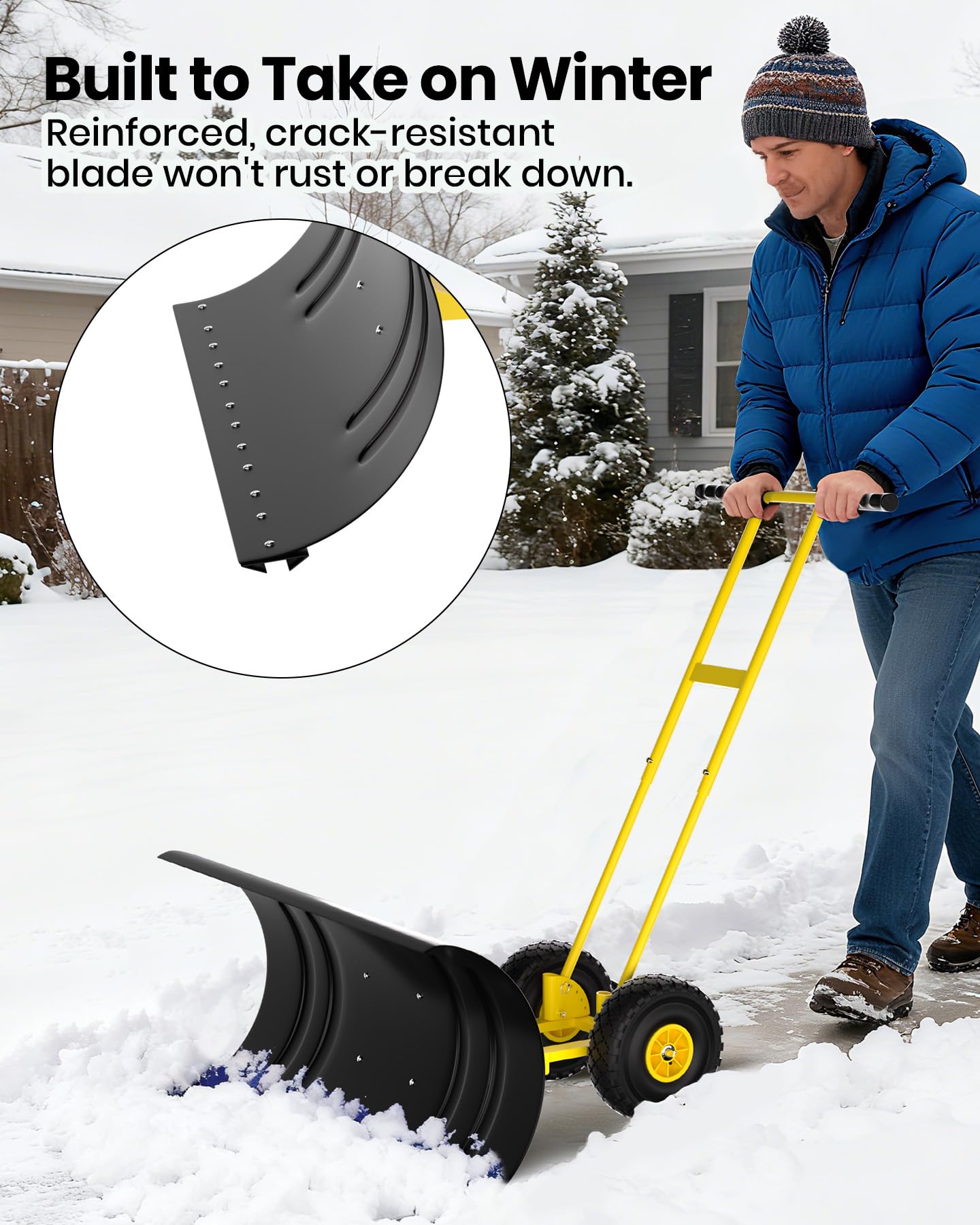 Pala da neve Garvee con ruote, lama in acciaio da 29", regolabile in 7 posizioni, impugnatura ergonomica, base in plastica, ruote da 9,3" per vialetti, resistente, efficiente, comoda