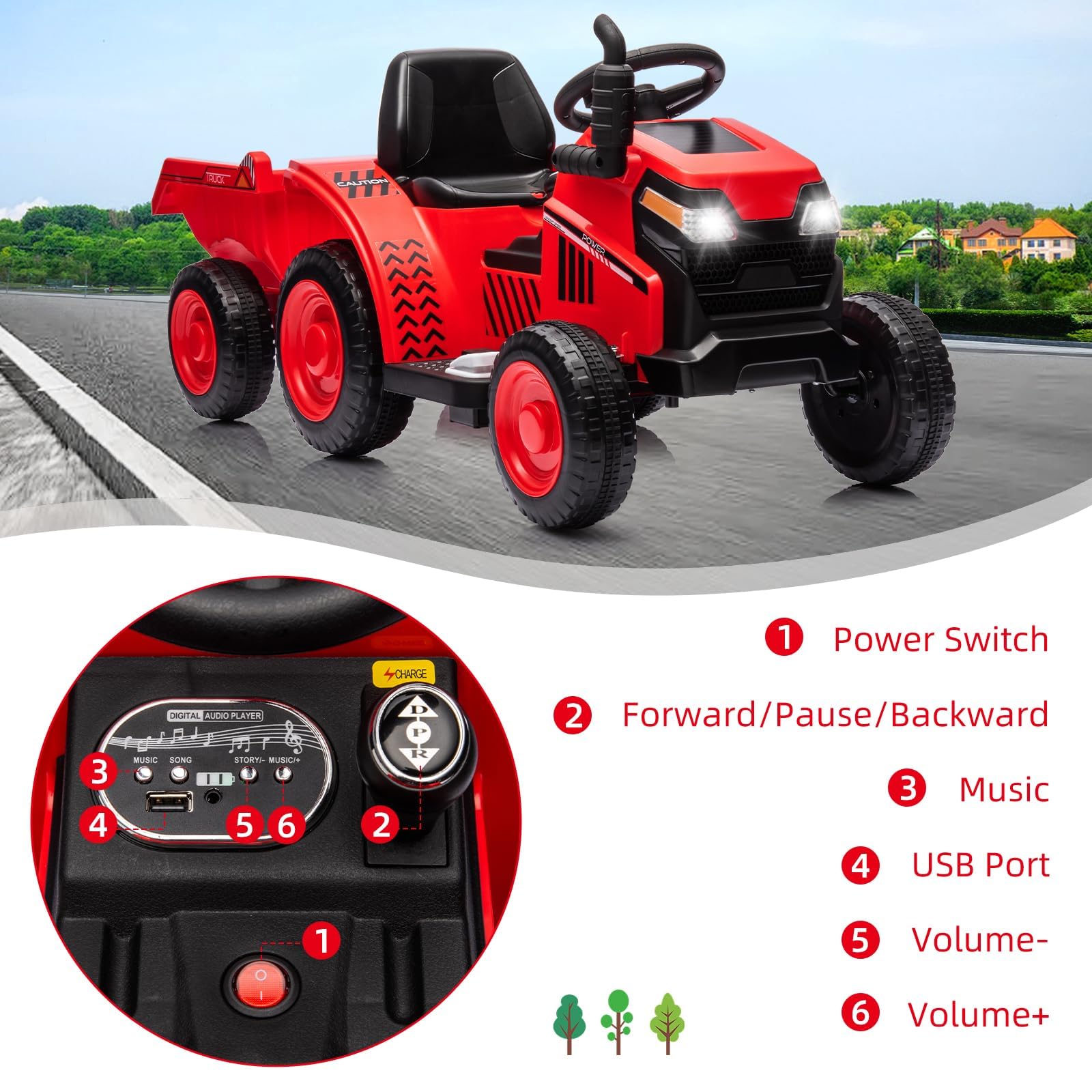 Trattore elettrico Garvee 6V, trattore per bambini, rosso con clacson e design autentico per giochi e divertimento all'aperto dai 3 anni
