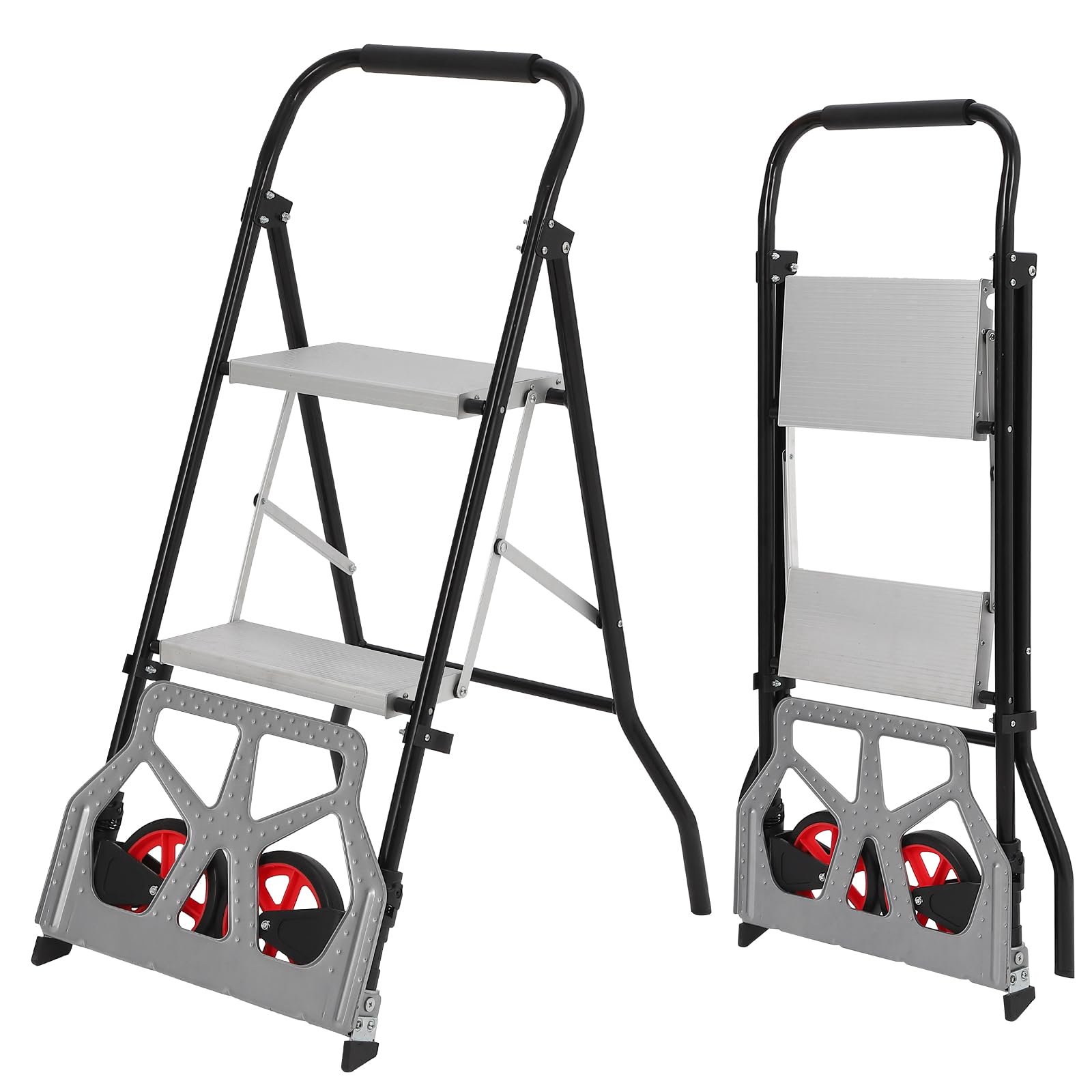 Garvee 2 in 1 scala pieghevole in alluminio e carrello a mano con capacità di 220 libbre, ruote pieghevoli, pedali antiscivolo per casa e cucina, portatile, leggero