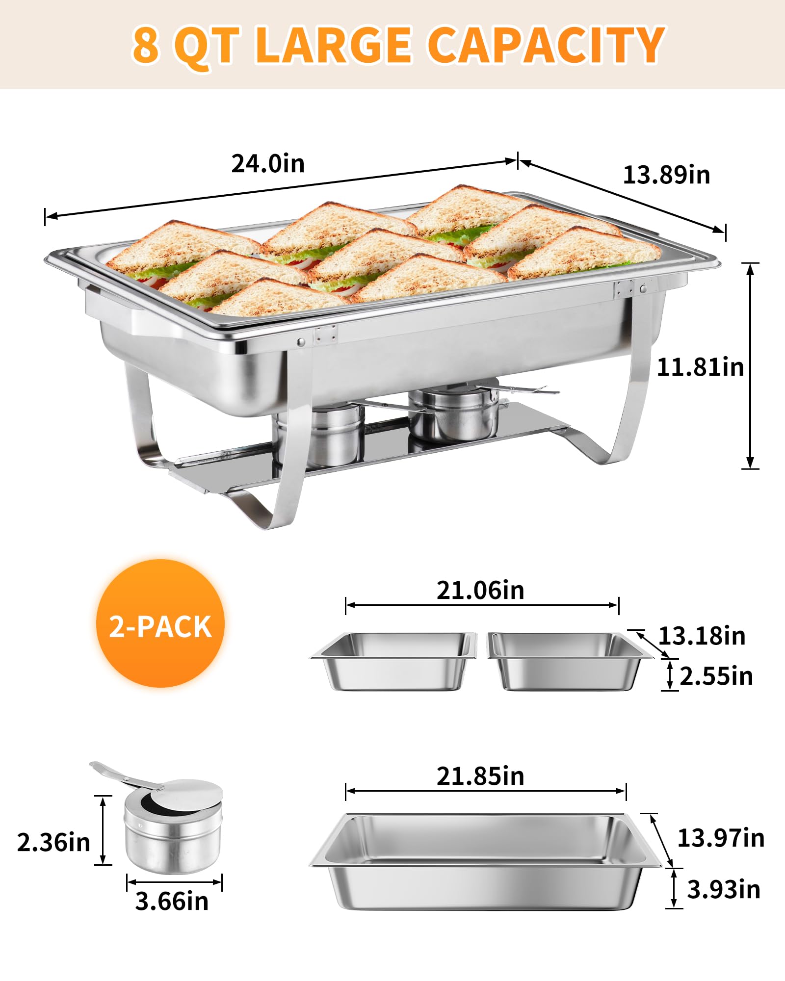 Garvee Set 2 Chafing Dish Buffet 8 Qt In Acciaio Inox SS201, Riscaldamento E Raffreddamento, Telaio Pieghevole, Per Matrimoni E Banqueting, Argento