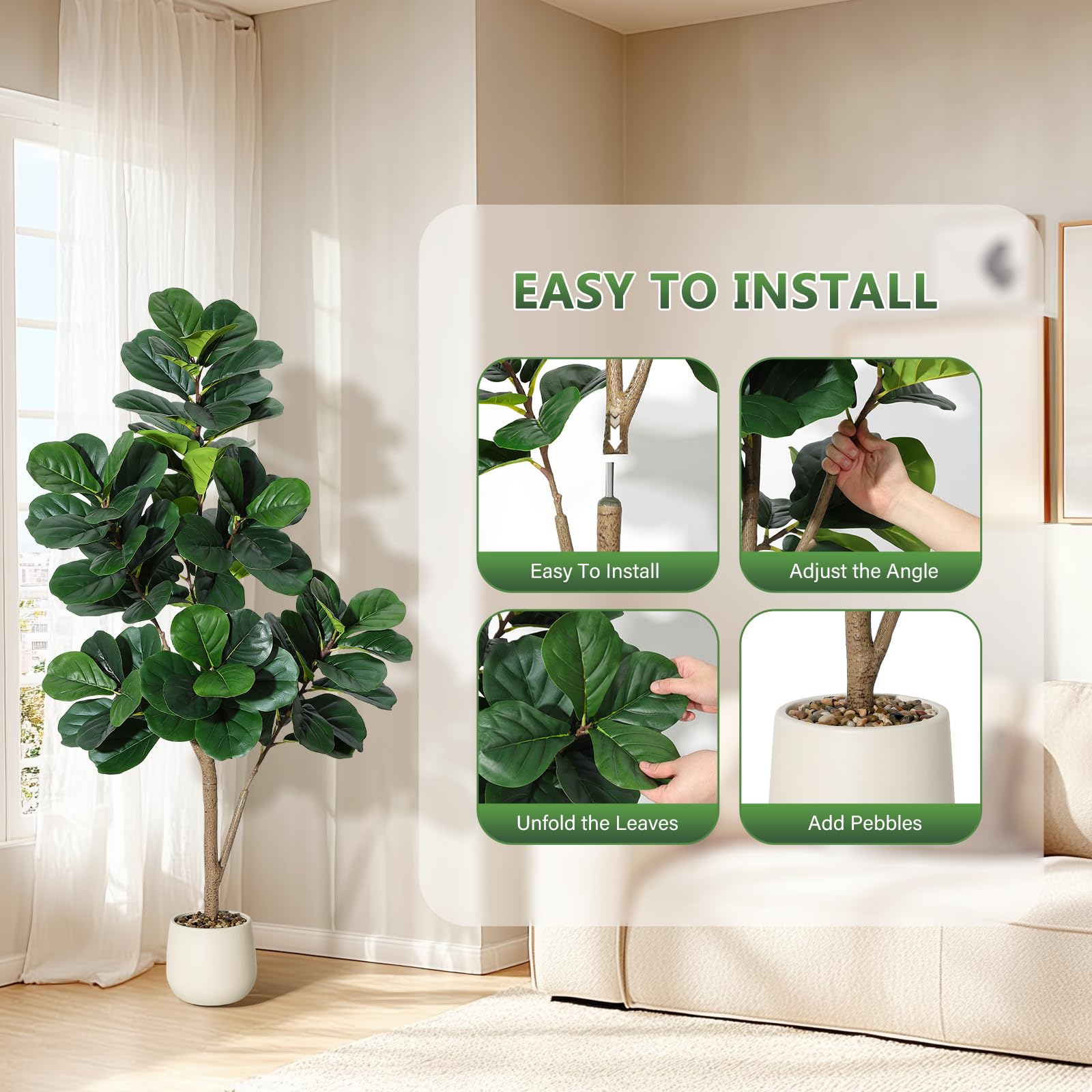 Albero artificiale Garvee Ficus Lyrata da 5 piedi con vaso bianco per la decorazione del soggiorno, PVC+PE, base in cemento stabile, 77 foglie realistiche