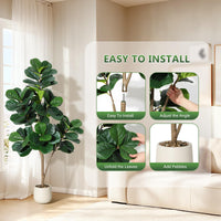 Albero artificiale Garvee Ficus Lyrata da 5 piedi con vaso bianco per la decorazione del soggiorno, PVC+PE, base in cemento stabile, 77 foglie realistiche