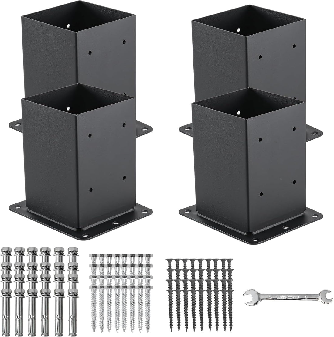Garvee set da 4 pezzi di basi per pali in acciaio da 2 mm per carichi pesanti, per pali in legno 6x6, rinforzo su quattro lati, resistenti alle intemperie, neri, completi di hardware di montaggio per la costruzione di terrazze