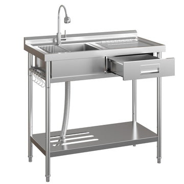 Lavello di servizio in acciaio inossidabile Garvee con 1 vasca, rubinetto caldo/freddo, asse da lavaggio integrata per lavanderia e garage, indipendente, acciaio inossidabile argento