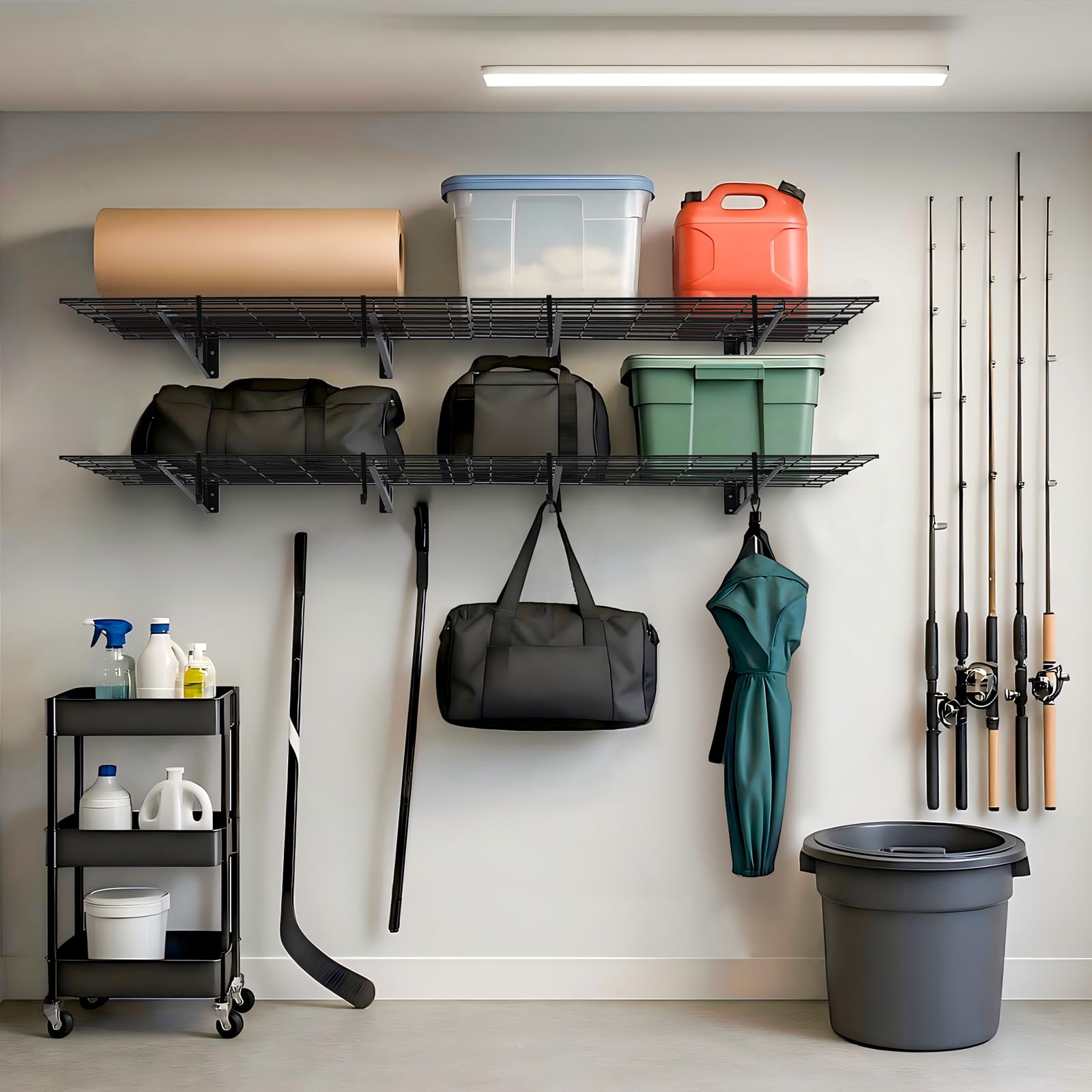 Scaffali da parete per garage in acciaio per impieghi gravosi Garvee 6x2 piedi, capacità di carico di 400 libbre, antiscivolo, modulari, con ganci, neri, set di 2, officina e garage