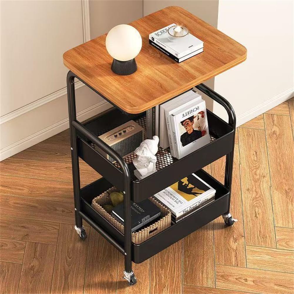 Carrello Garvee a 3 ripiani con piano in legno, struttura in metallo, 3 ripiani, 4 ruote con freni per cucina e ufficio, 16.5"x11.8", nero