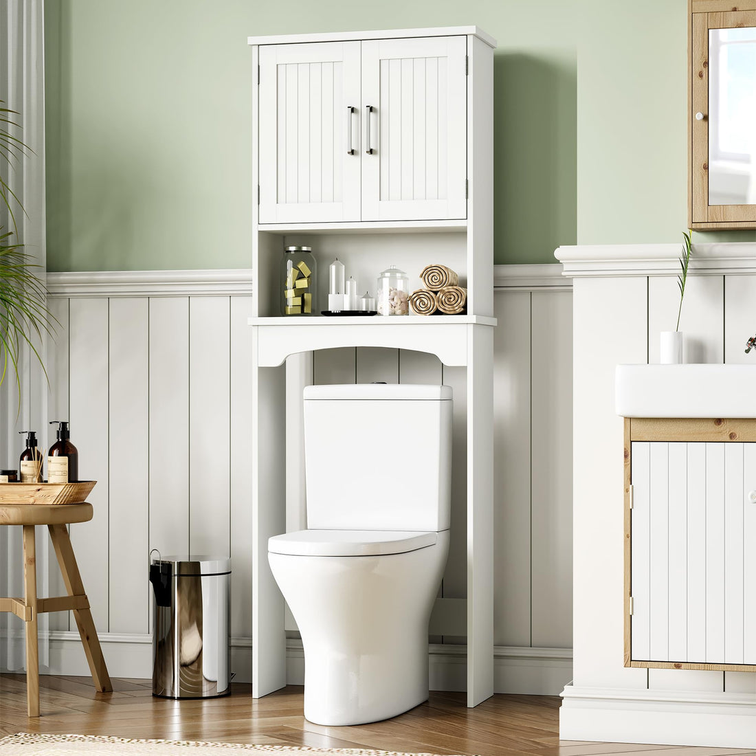 Mobiletto portaoggetti sopra il WC Garvee, in MDF con doppia ante e protezione antiribaltamento, per bagno e lavanderia, bianco, salvaspazio, versatile