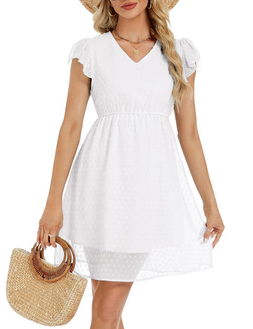 Abito estivo da donna Garvee, maniche a balze, scollo a V, casual, stile swing, elastico in vita, lunghezza al ginocchio, abito da spiaggia, bianco, L