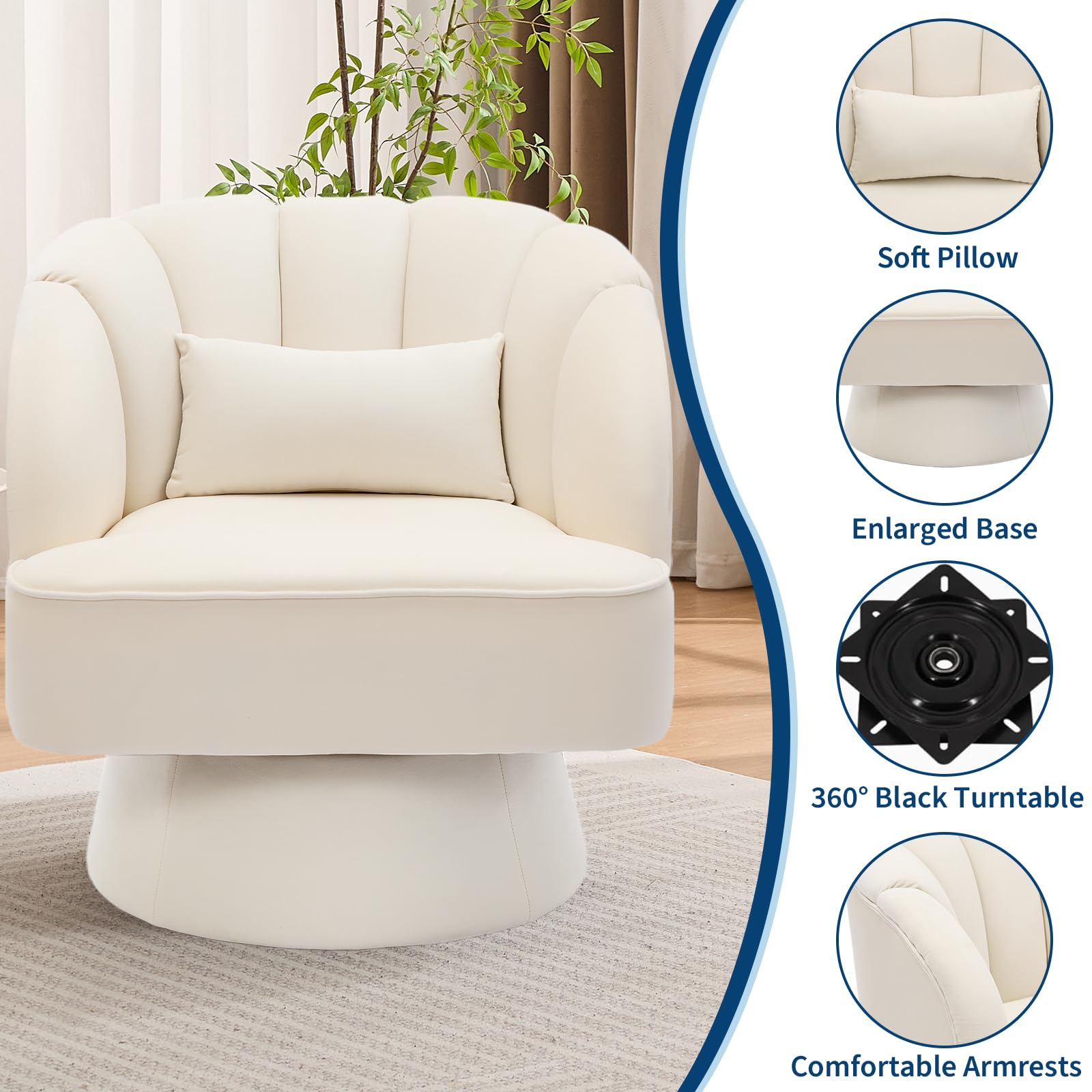 Poltrona girevole moderna Garvee a forma di botte, con rivestimento in velluto beige a 360°, per soggiorno e camera da letto