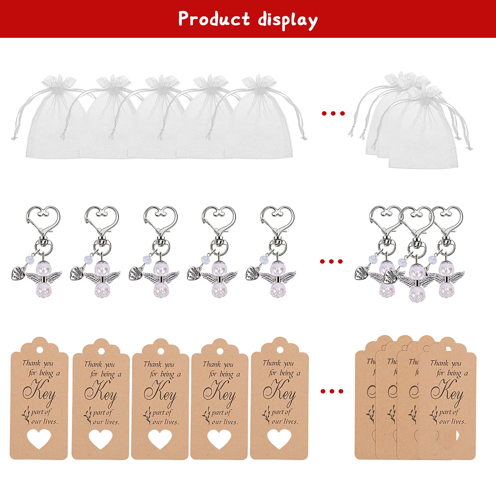 Garvee Lotto 20 Portachiavi Angelo Custode con Perline - Regali Matrimonio e Battesimo - Lega di Zinco Resistente - Rosa Chiaro - Borsa Organza - Feste e Natale