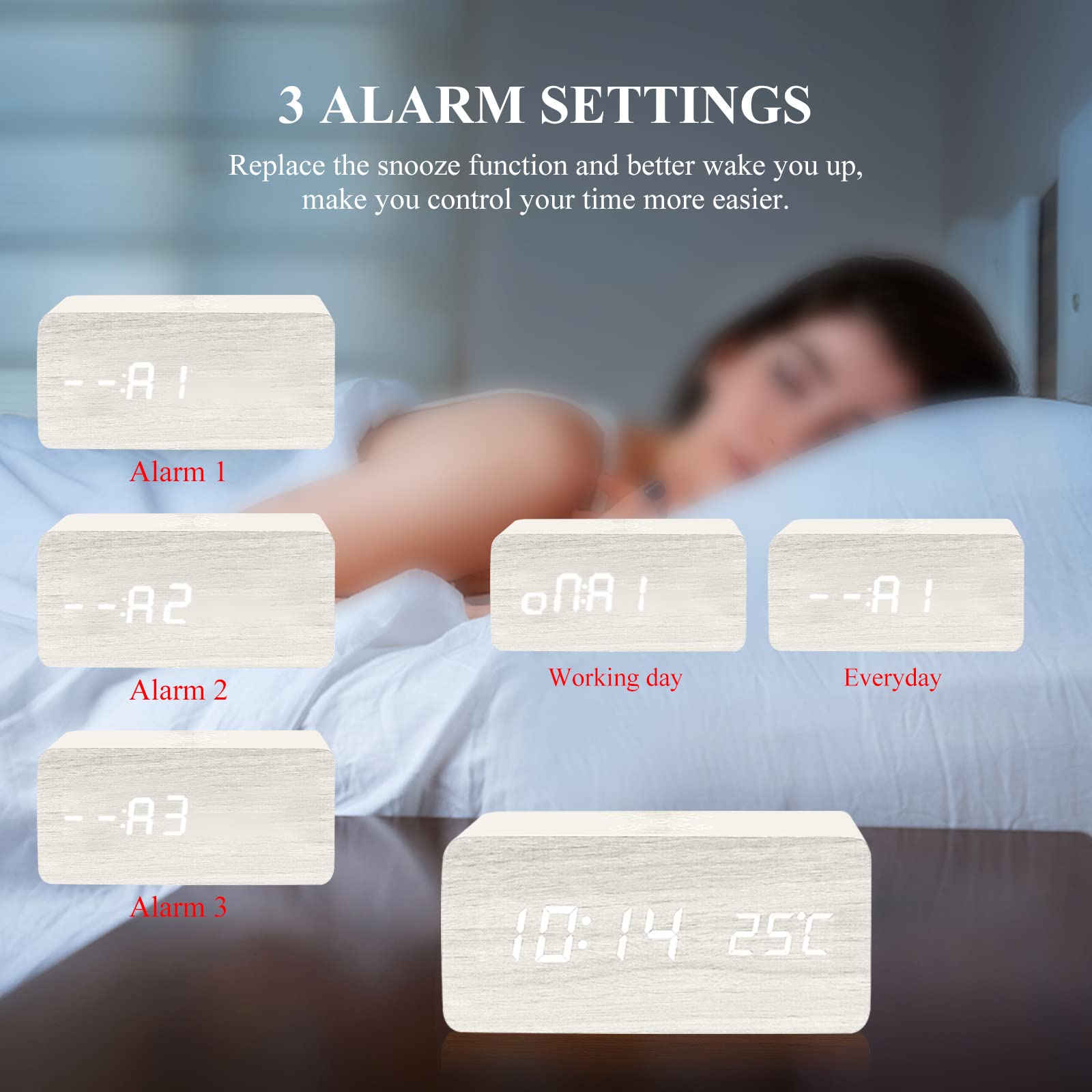 Sveglia digitale in legno Garvee con 3 sveglie, display LED, ricarica wireless, controllo vocale, legno bianco, camera da letto e ufficio, 16x7x7 cm